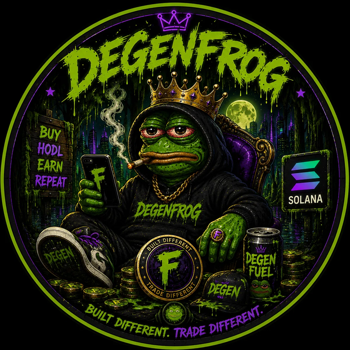 DEGEN FROG on his swamp throne, phone in hand